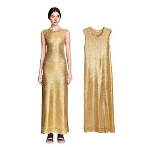 H&M Silk Blend Lamier Maxi Length Gold Metallic Knit Vest Dress W/ Side Slits